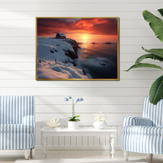 Designart "Alaska's Coastal Guardian Lighthouse IV" Coastal Framed Wall Art - Coastal Yellow Coastal Light House Bedroom Framed Canvas Wall Art