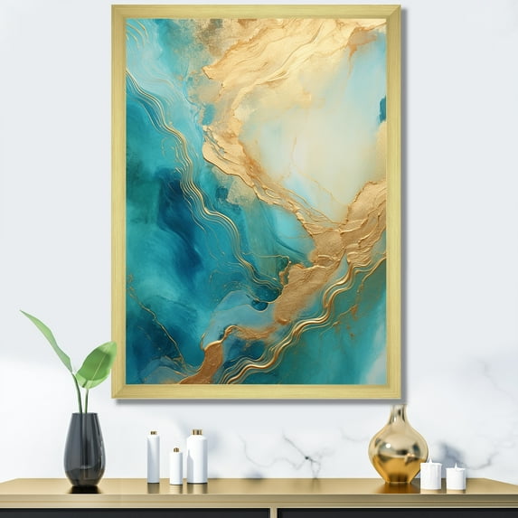 Designart "Alchemical Spiral Of Gold Teal Oceans II" Abstract Spirals Picture Framed Canvas Wall Art
