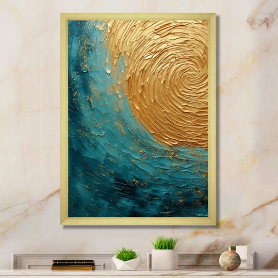 Designart "Alchemical Spiral Of Gold Teal Oceans III" Abstract Spirals Picture Framed Canvas Prints