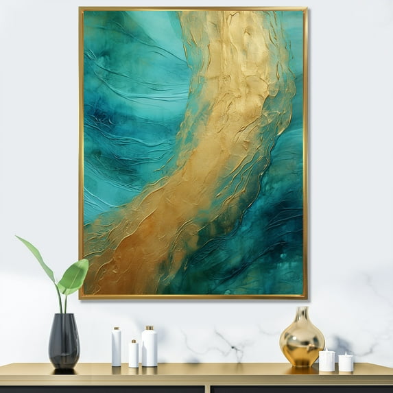 Designart "Alchemical Spiral Of Gold Teal Oceans V" Abstract Spirals Floater Framed Canvas Art Print