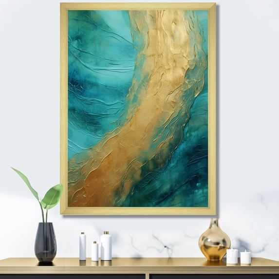 Designart "Alchemical Spiral Of Gold Teal Oceans V" Abstract Spirals Picture Framed Canvas Art Print