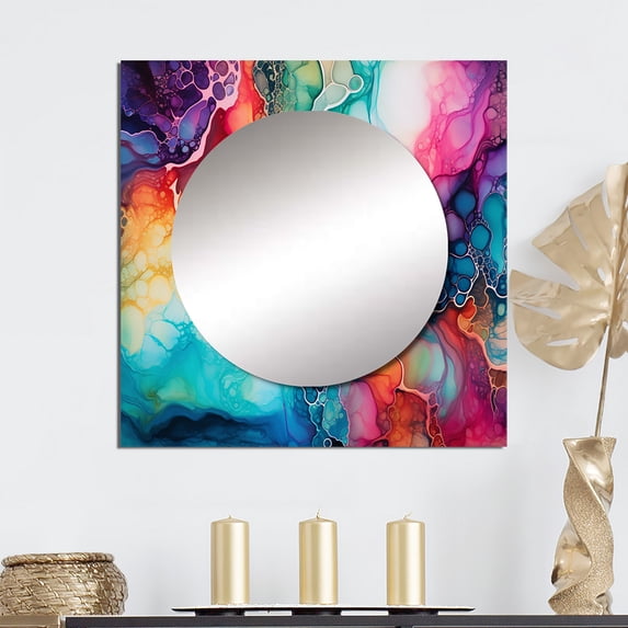 Designart "Alcohol Ink Artwork In Teal And Purple With Rainbow Hues" Abstract Shapes Square Mirror Wall Decor Modern - Large Blue Square Bathroom Mirror - Square Printed Wall Mirror Art