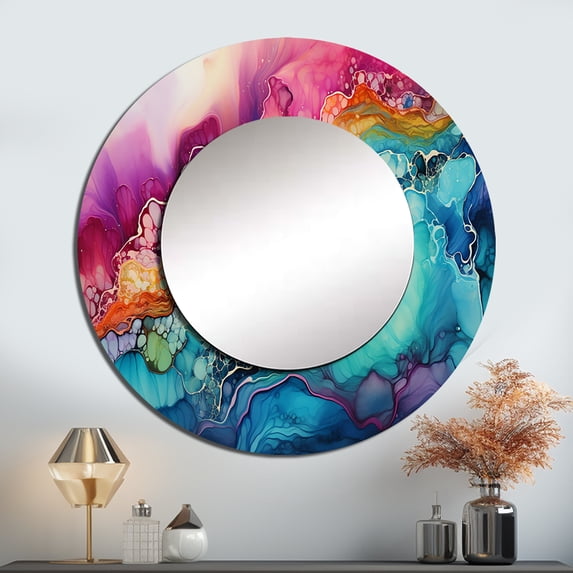 Designart "Alcohol Ink Artwork in Teal and Purple with Rainbow Hues I" Abstract Shapes Rund Mirror For Wall Decor - Large Blue Round Printed Mirror -Modern Round Living Room Mirror - 29" x 29"