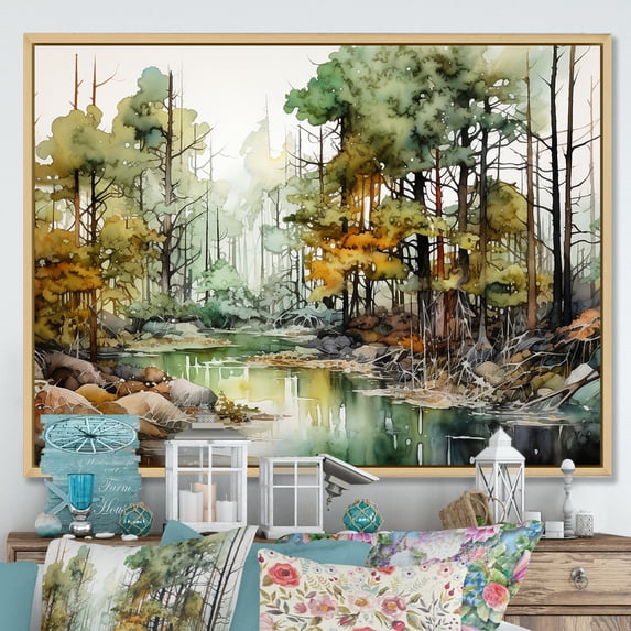 Designart "Alcohol Ink Landscape: Forest" Forest Floater Framed Canvas Wall Art