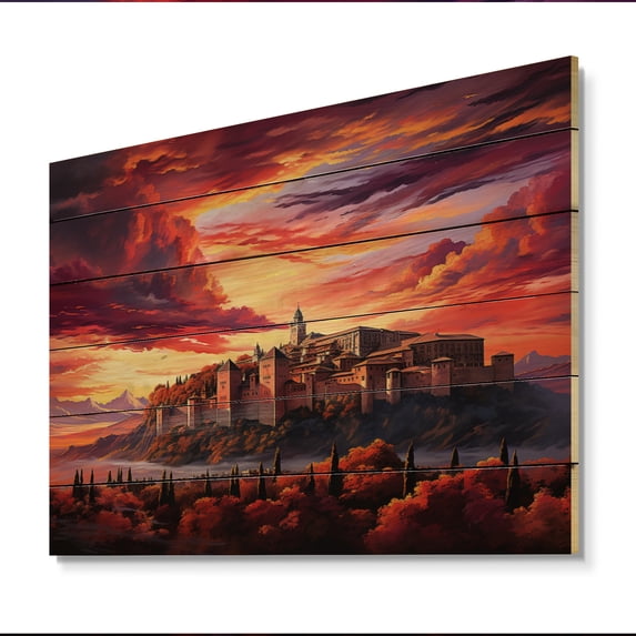 Designart "Alhambra s Last Light Sunset View I" Landscapes Print on Natural Pine Wood