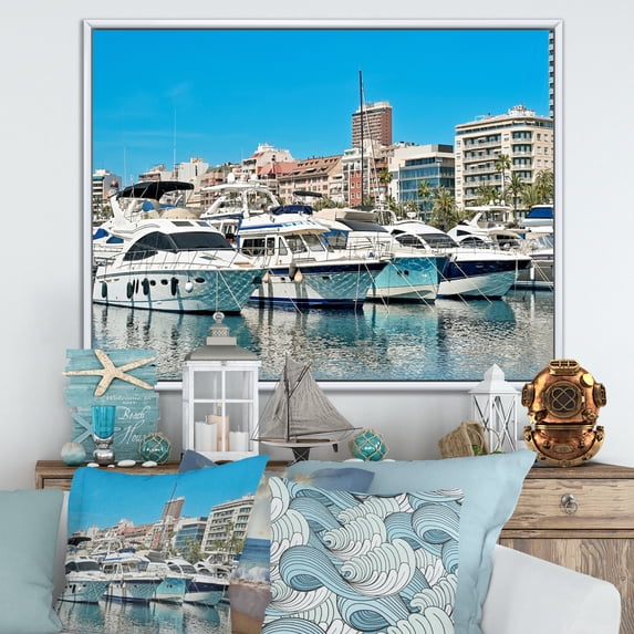 Designart "Alicante Spain Harbor Boats" Boat Floater Framed Wall Art Prints
