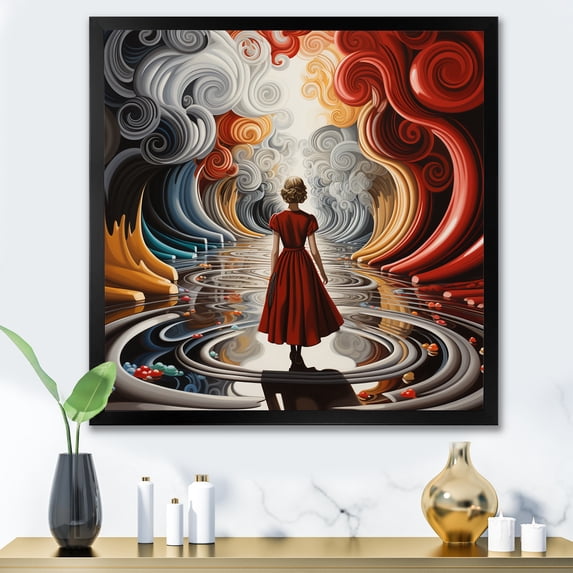 Designart "Alice's Journey to Wonderland in Fantasy I" Fashion Framed Wall Art Decor - Glam Red Fantasy Bedroom Framed Canvas Wall Art