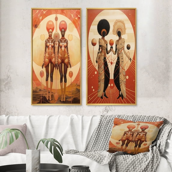 Designart "Alien Goddess Vintage Dreamscape V" Abstract Portraits Framed Wall Art Set Of 2 - Transitional Black Frame Gallery Set For Office Decor