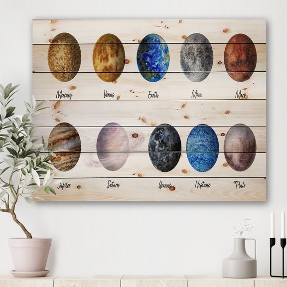 Designart 'All Planets United On White' Modern Print on Natural Pine Wood