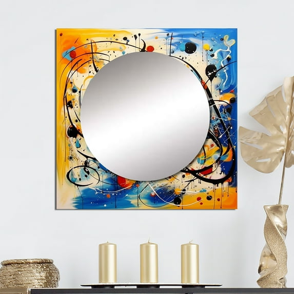 Designart "All That Jazz Colorful Joyful Expression IV" Abstract Collages Square Mirror For Wall Decor - Large Multicolor Square Mirror Printed Wall Decor - Transitional Square Living Room Mirror