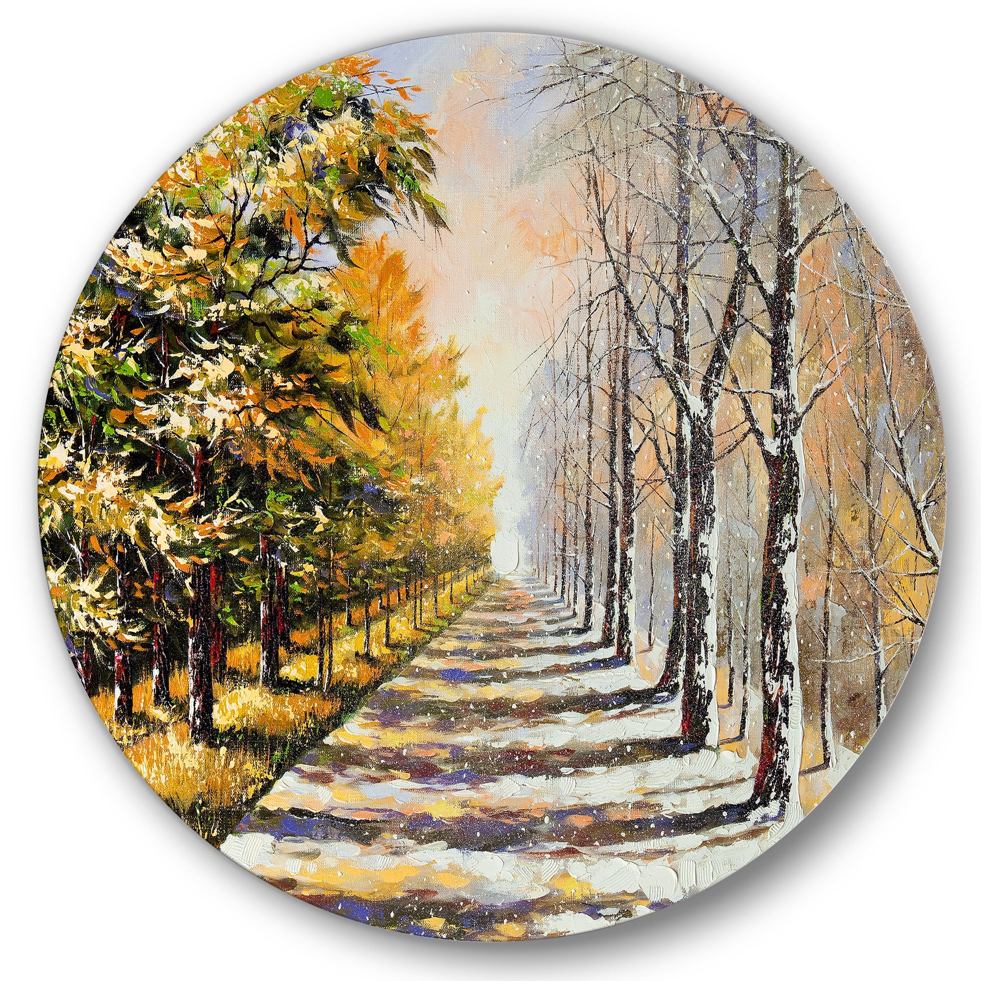 Designart 'Allegory On Theme Autumn and Winter' Traditional Circle Metal Wall Art 29x29 - Disc of 29
