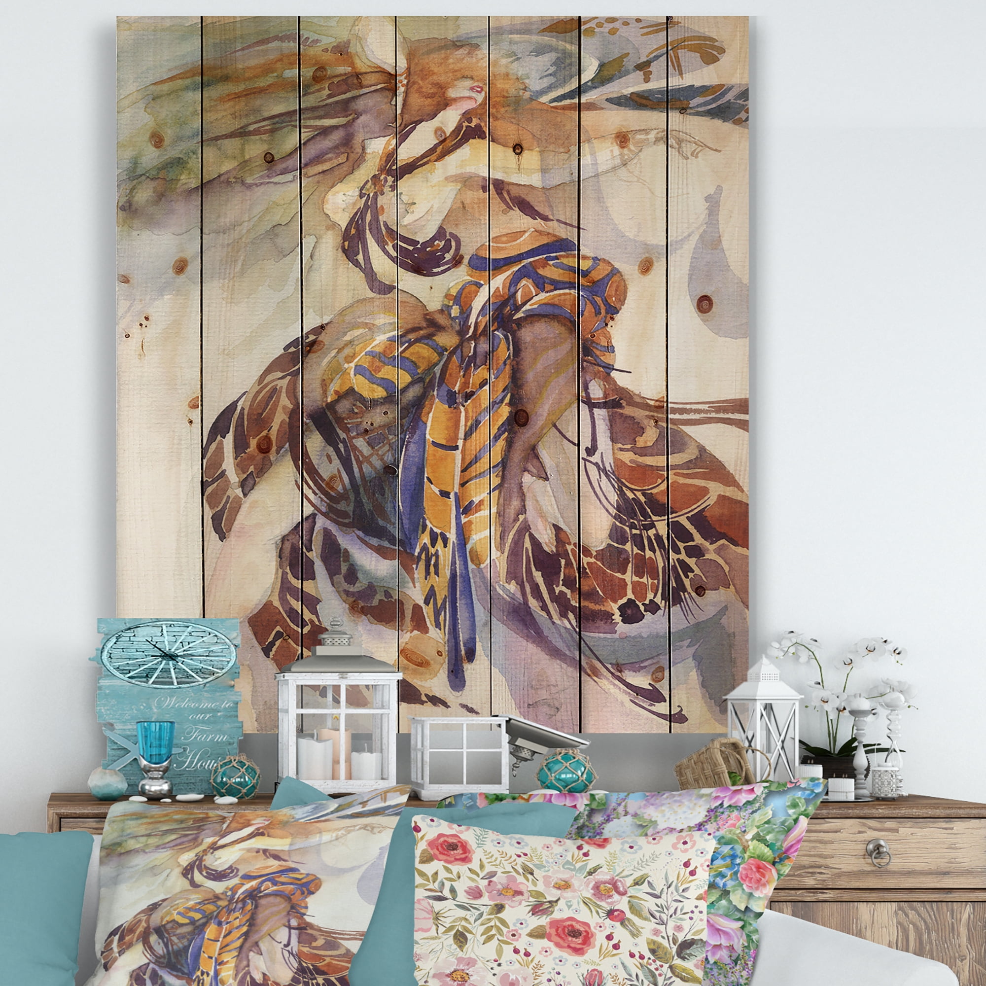Designart 'Allegory of Paradise Bird Woman Portrait' Traditional Print on Natural Pine Wood