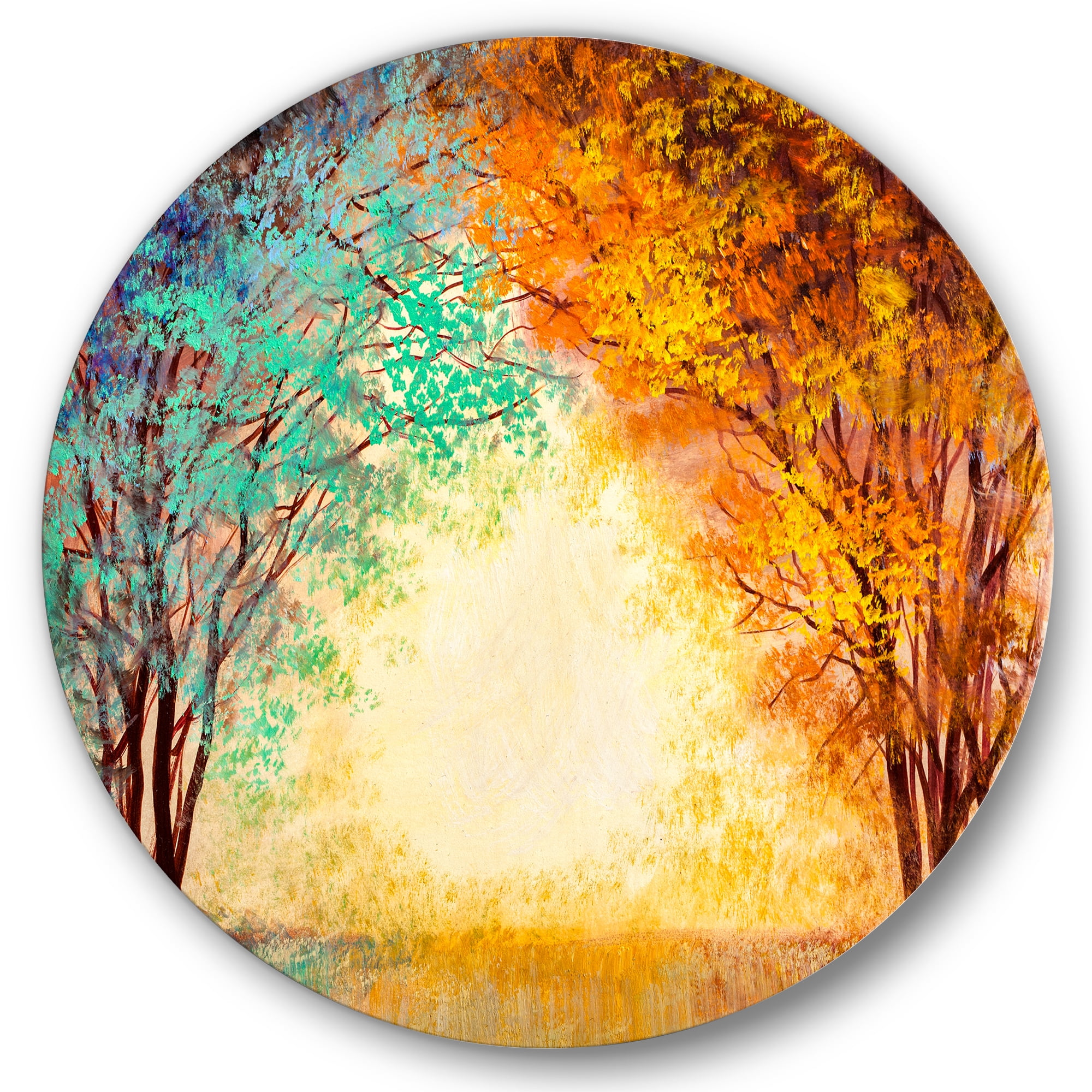 Designart 'Alley Through The Turquise Park In Autumn Sunset ' Traditional Circle Metal Wall Art 23x23 - Disc of 23