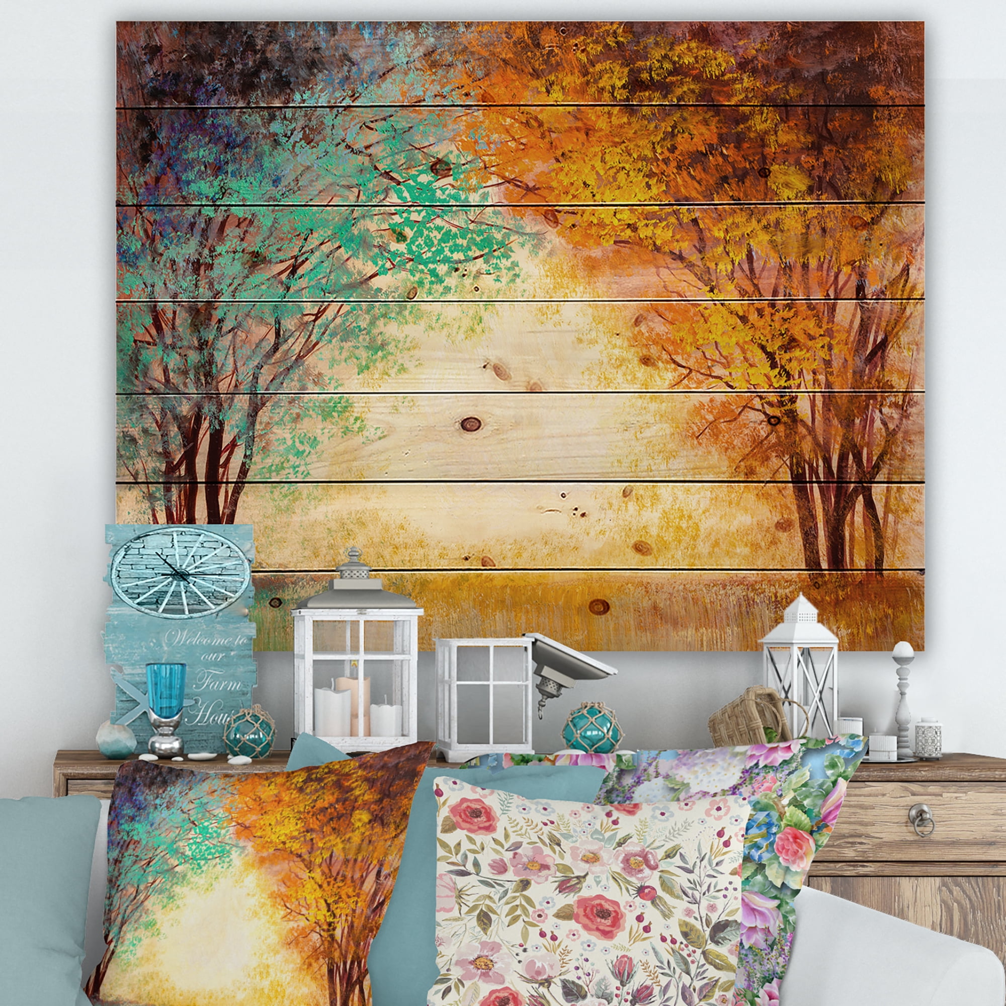 Designart 'Alley Through The Turquise Park In Autumn Sunset ' Traditional Print on Natural Pine Wood