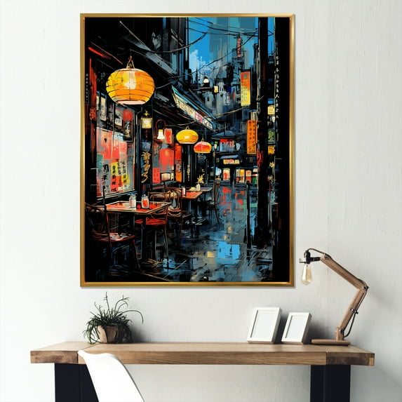 Designart "Alleyway in Japon Street Art I" Landscapes Framed Wall Art - Traditional Blue Japan Hallway Framed Wall Art Decor
