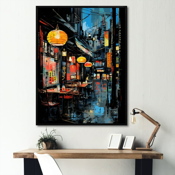 Designart "Alleyway in Japon Street Art I" Landscapes Framed Wall Art - Traditional Blue Japan Hallway Framed Wall Art Decor