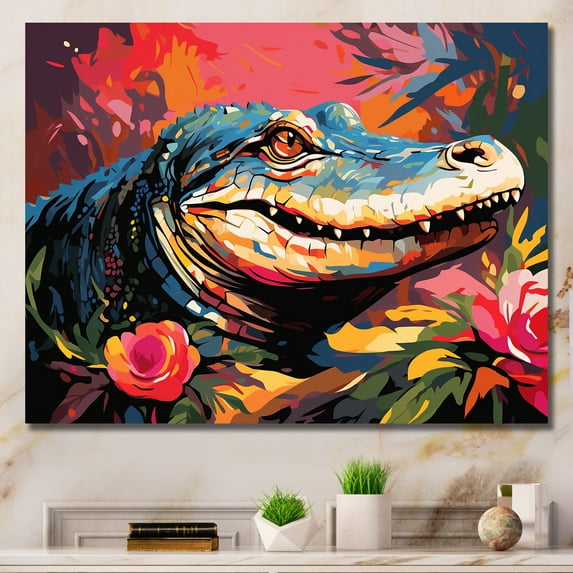 Designart "Alligator Artistry in Pop Art Style II" Animals Wall Art - Modern Blue Alligator/Crocodile Bedroom Canvas Wall Art