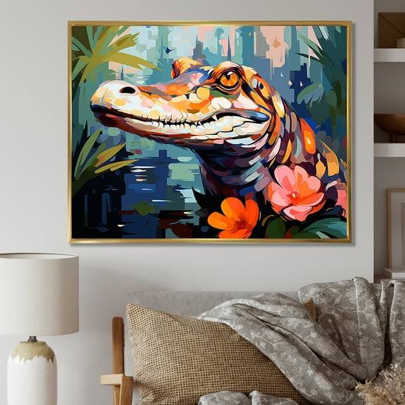 Designart "Alligator Artistry in Pop Art Style III" Animals Framed Wall Art - Modern Blue Alligator/Crocodile Living Room Framed Canvas Art