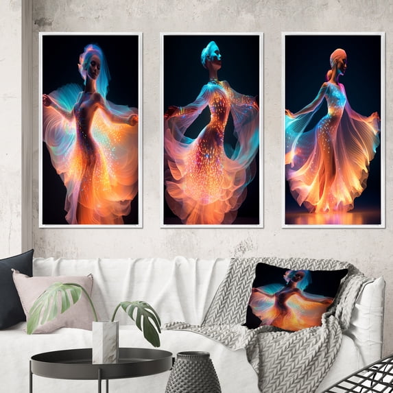 Designart "Allure of the Iridescent Light Dancer I" Woman Fashion Photography Framed Wall Art Set Of 3 - Multicolor Glam Frame Gallery Wall Set For Home Decor