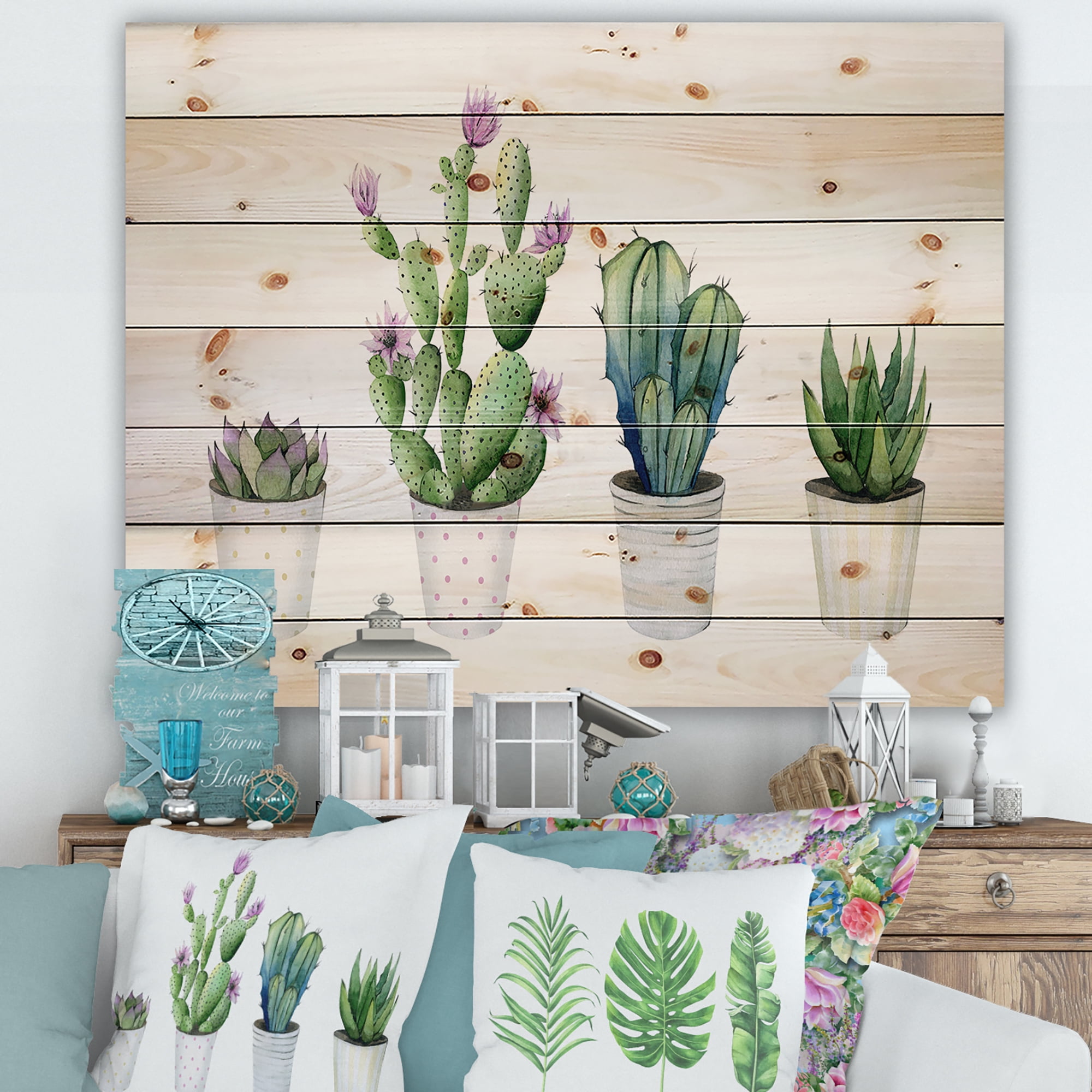 Designart 'Aloe Vera Cactus Succulent Home Plants In The Pots' Botanical Print on Natural Pine Wood