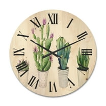 Designart 'Aloe Vera Cactus Succulent Home Plants In The Pots' Farmhouse Wood Wall Clock