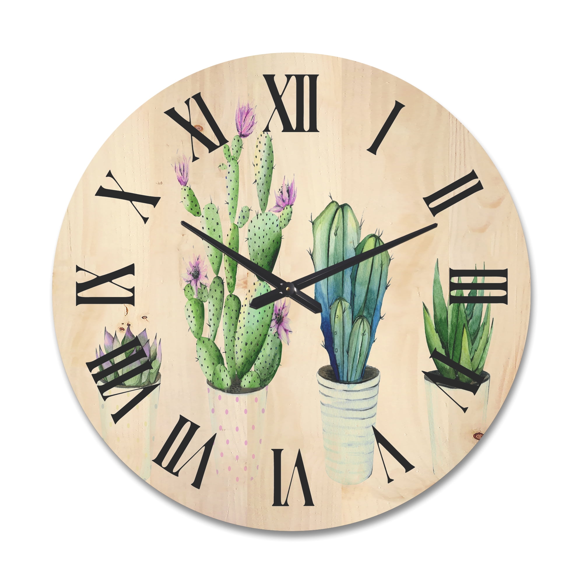 Designart 'Aloe Vera Cactus Succulent Home Plants In The Pots' Farmhouse Wood Wall Clock
