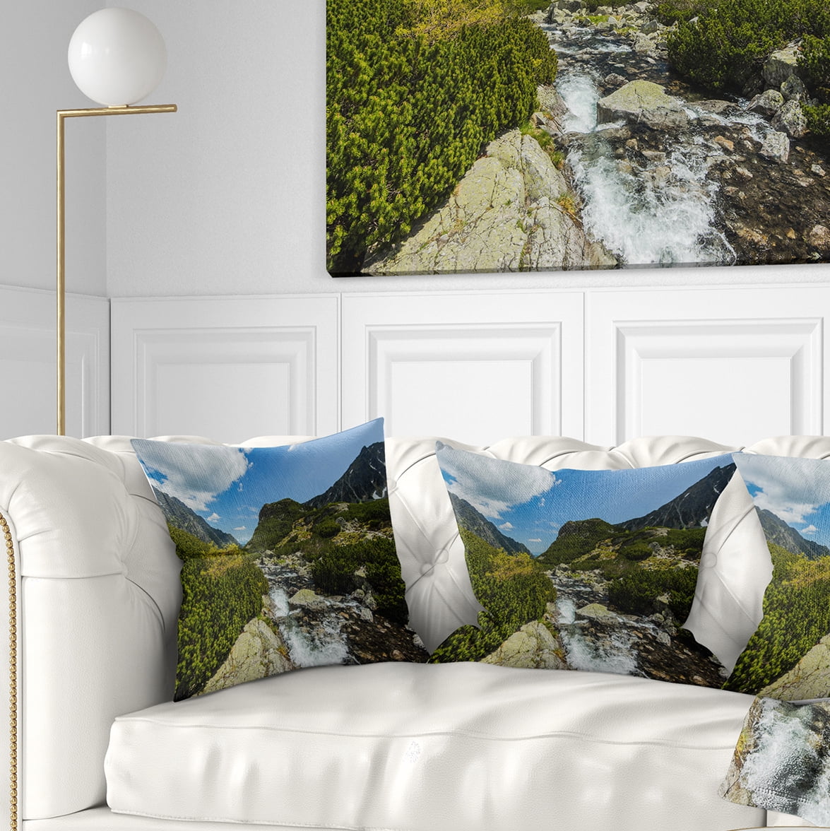 Designart Alpine Stream in High Mountains - Landscape Printed Throw Pillow - 16x16