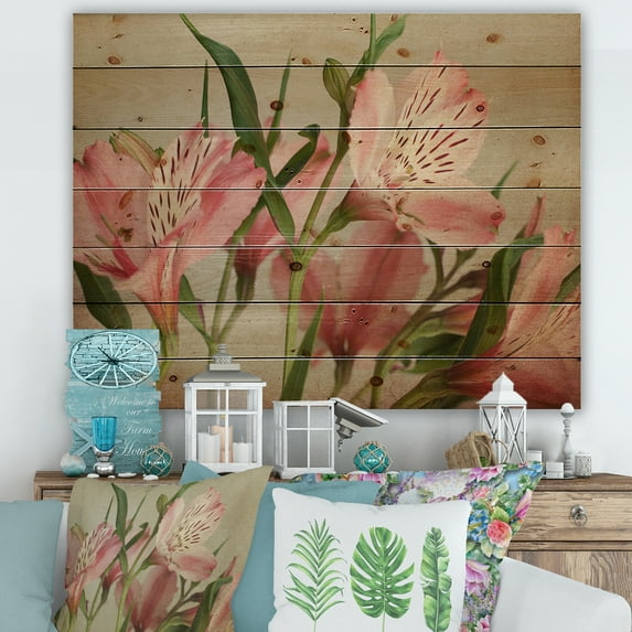 Designart 'Alstroemeria Flower Retro ' Traditional Print on Natural Pine Wood