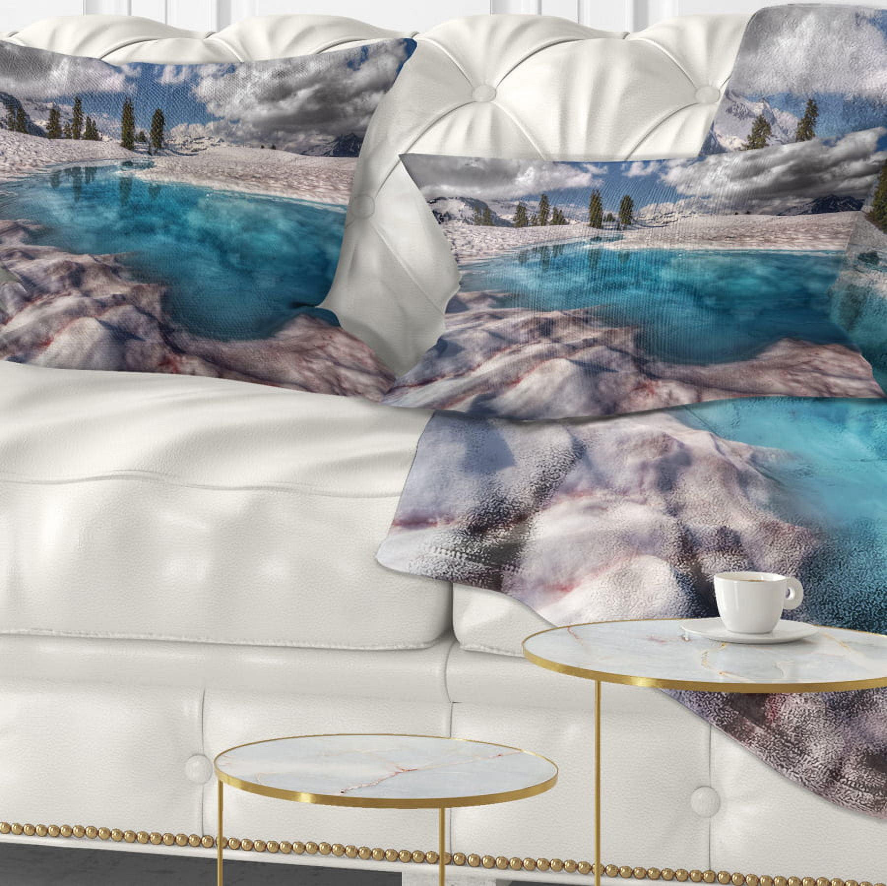 Designart Amazing Blue Melt Lake in Fog - Landscape Printed Throw Pillow - 12x20