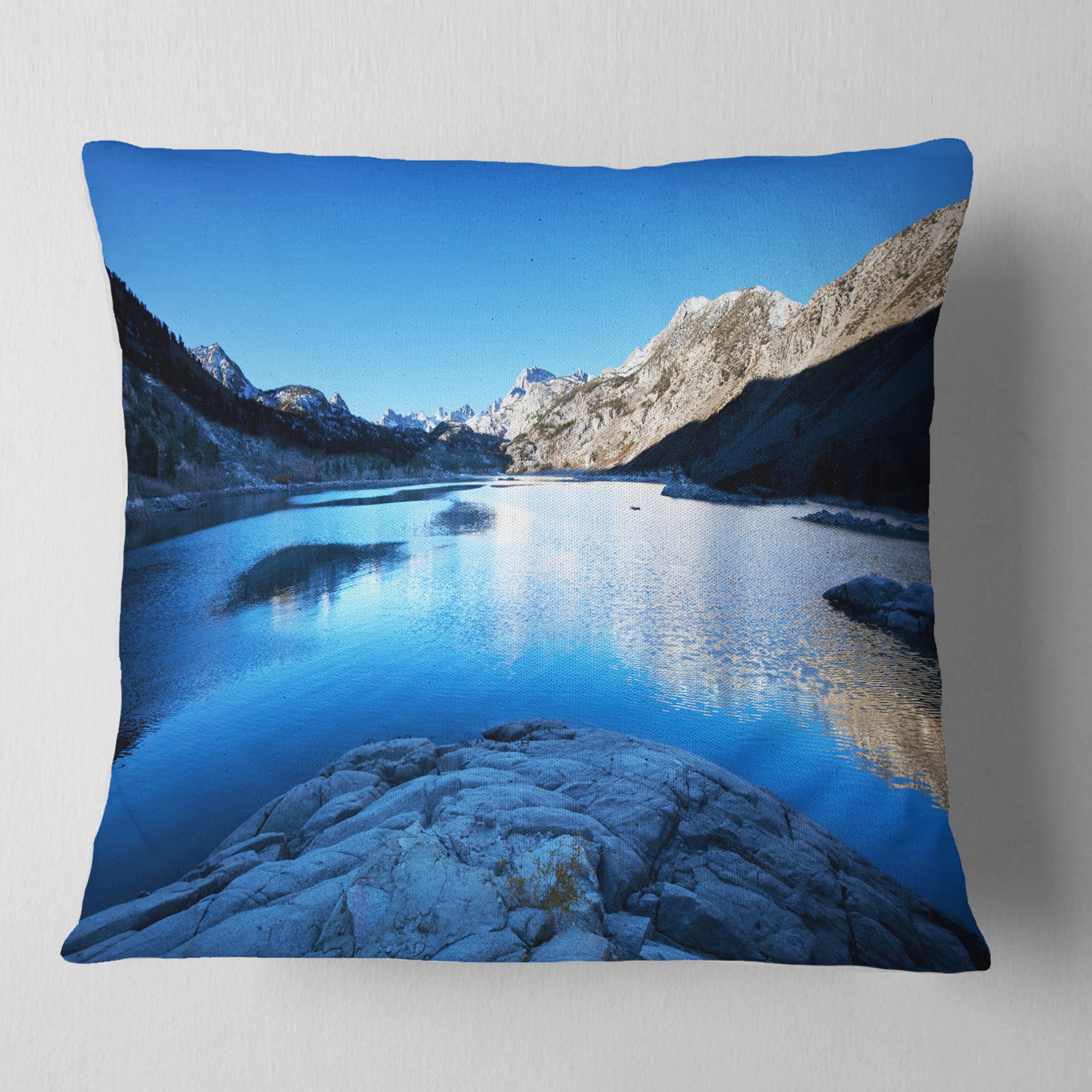 Designart Amazing Blue Mountains Lake - Modern Landscape Printed Throw Pillow - 18x18