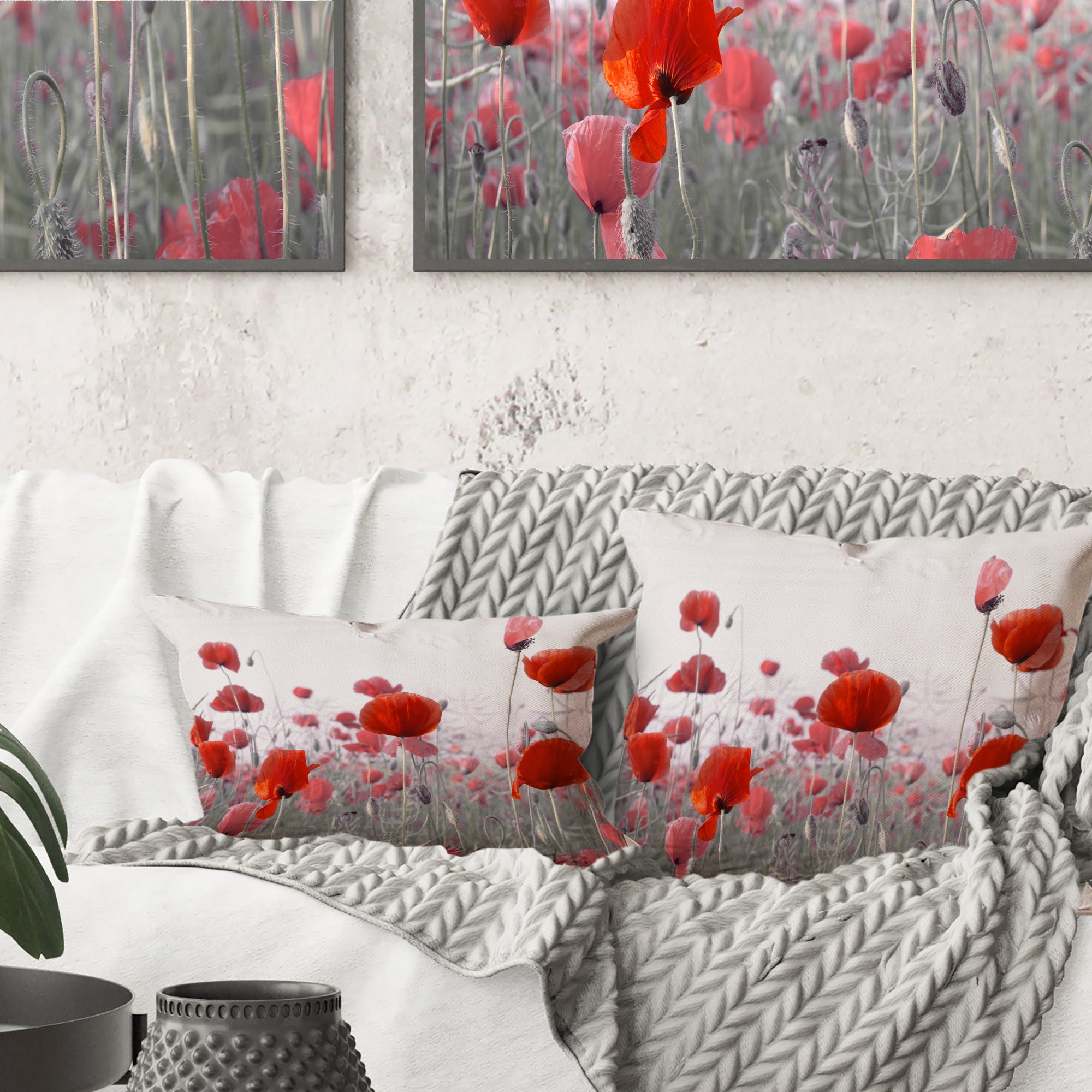 Designart Amazing Red Poppy Flower Garden - Flower Throw Pillow - 16x16