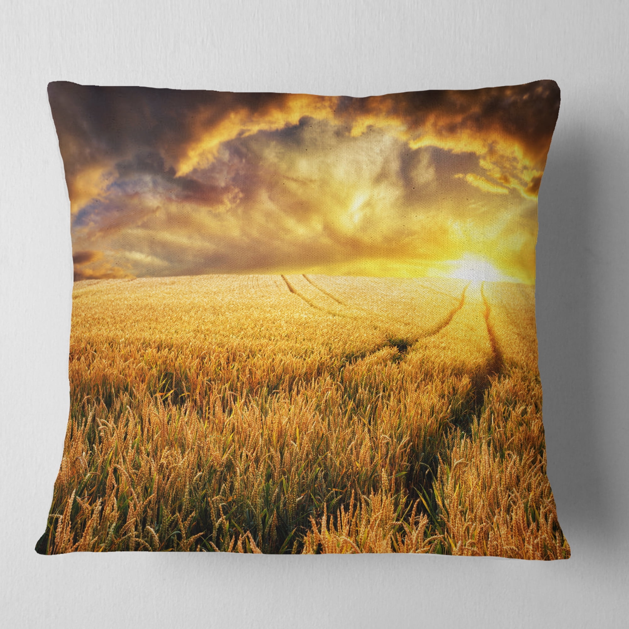 Designart Amazing Sunset over Yellow Field - Landscape Printed Throw Pillow - 16x16