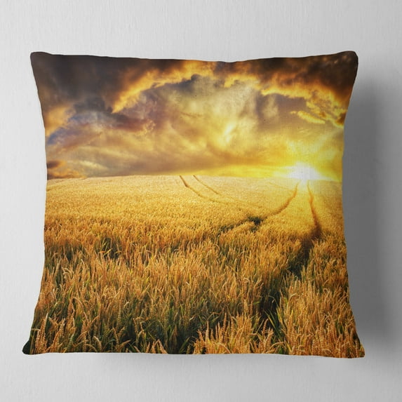 Designart Amazing Sunset over Yellow Field - Landscape Printed Throw Pillow - 18x18