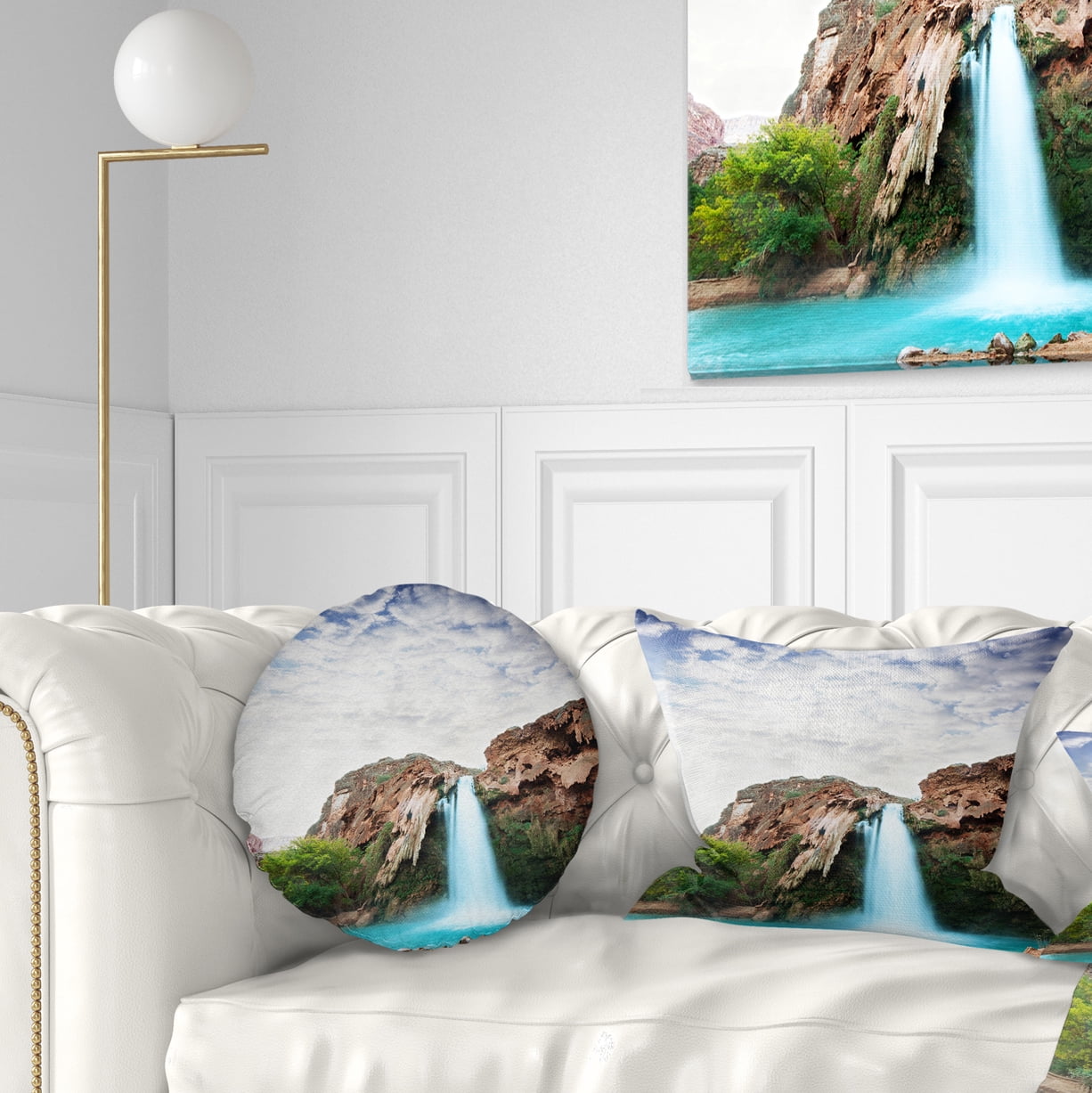 Designart Amazing Waterfall under Cloudy Sky - Landscape Printed Throw Pillow - 12x20