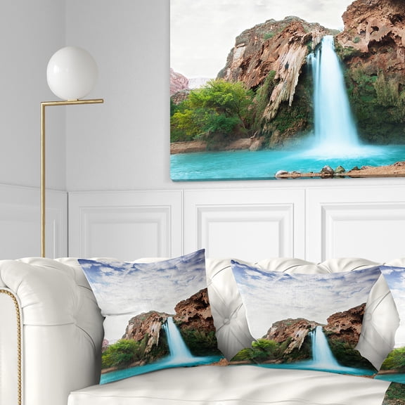 Designart Amazing Waterfall under Cloudy Sky - Landscape Printed Throw Pillow - 16x16