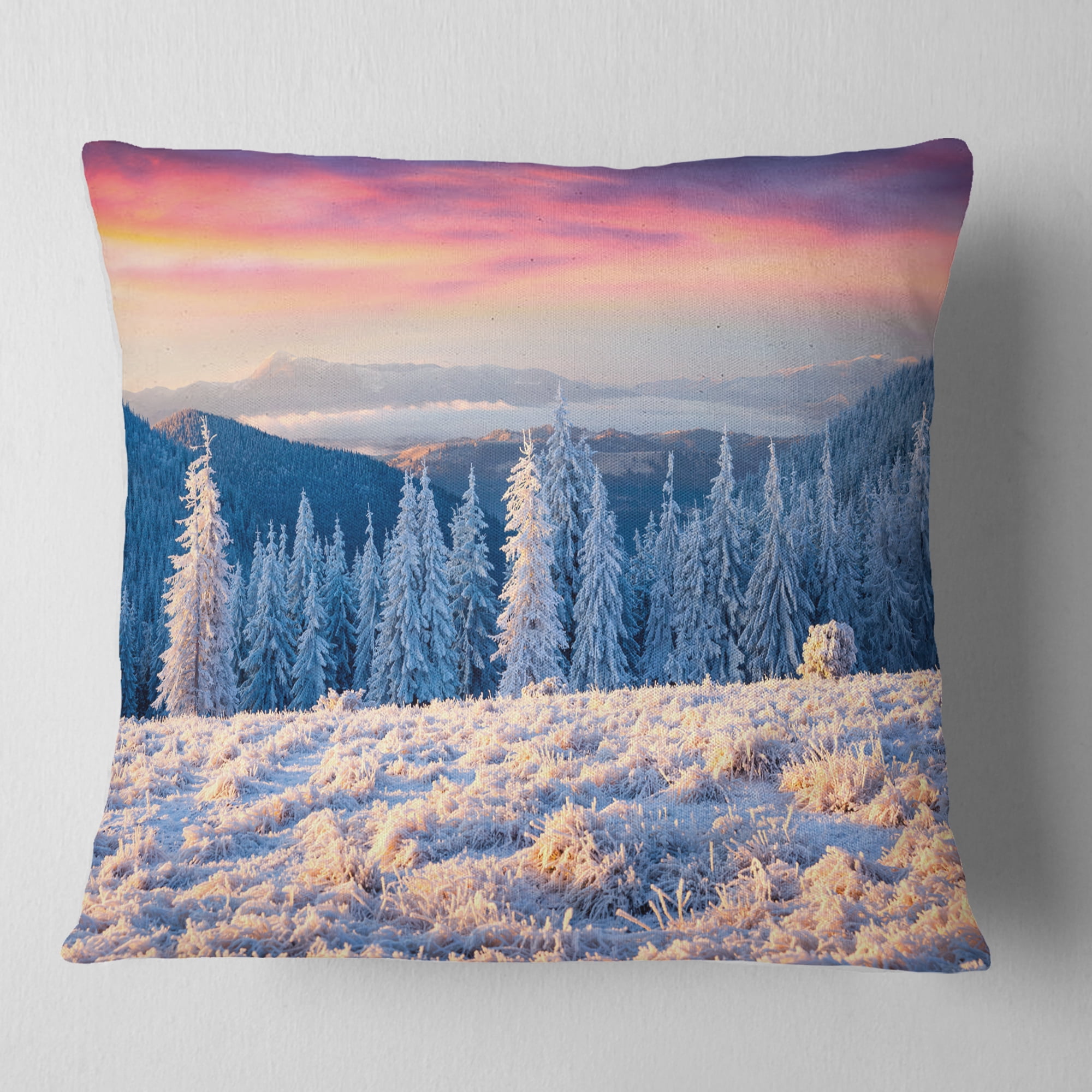Designart Amazing Winter Sunrise in Mountains - Landscape Printed Throw Pillow - 18x18