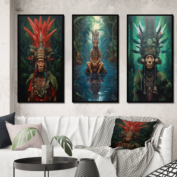 Designart "Amazon Shaman Wisdom Keeper of the Forest I" Folk Religion Framed Wall Art Set Of 3 - Green Traditional Frame Gallery Wall Set For Home Decor
