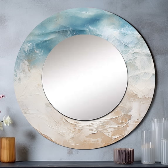 Designart "Amber And Azure Seashore Sand Blend" Coastal Beach Sand Round Mirror Wall Decor Coastal - Large Beige Round Office Mirror - Round Mirror - 29" x 29"