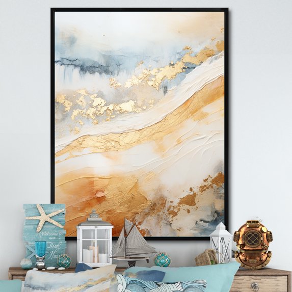 Designart "Amber And Azure Seashore Sand Blend III" Coastal Floater Framed Canvas Prints