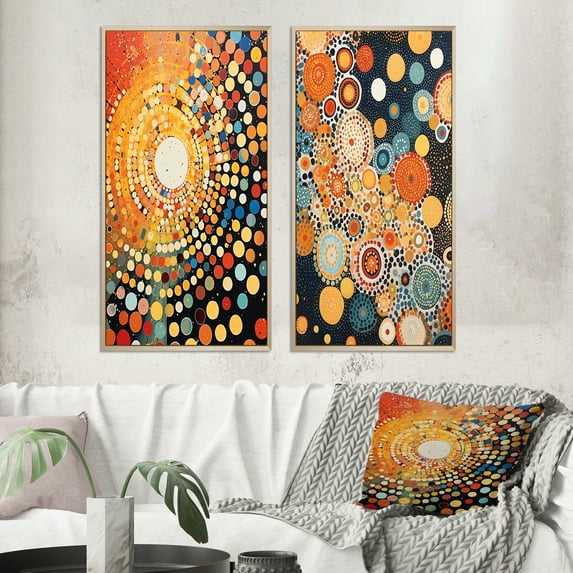 Designart "Amber Tinged Circular Dot Aboriginal Art I" Transitional Framed Wall Art Set Of 2 - Abstract Yellow Frame Gallery Set For Office Decor