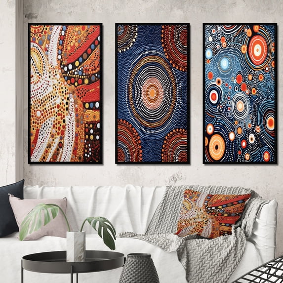 Designart "Amber Tinged Circular Dot Aboriginal Art IV" Transitional Framed Wall Art Set Of 3 - Red Abstract Transitional Frame Gallery Set For Office Decor