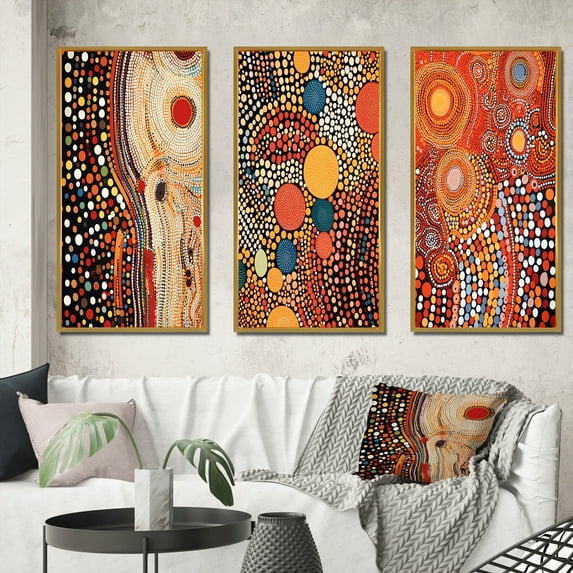 Designart "Amber Tinged Circular Dot Aboriginal Art V" Transitional Framed Wall Art Set Of 3 - White Abstract Transitional Frame Canvas Set For Living Room Decor