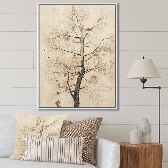 Designart "American Basswood Tree In Gold And Beige I" Tree Amercian Basswood Floater Framed Canvas Prints