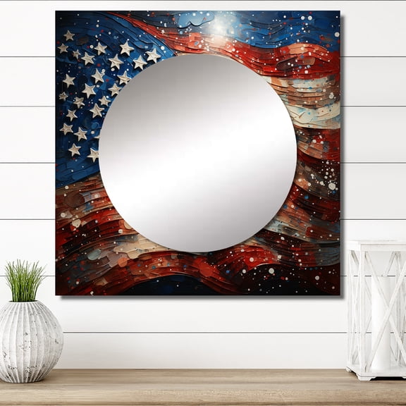 Designart "American Flag Display IV" American Square Mirror For Wall Decor - Large Red Square Mirror Printed Wall Decor - Americana Square Living Room Mirror