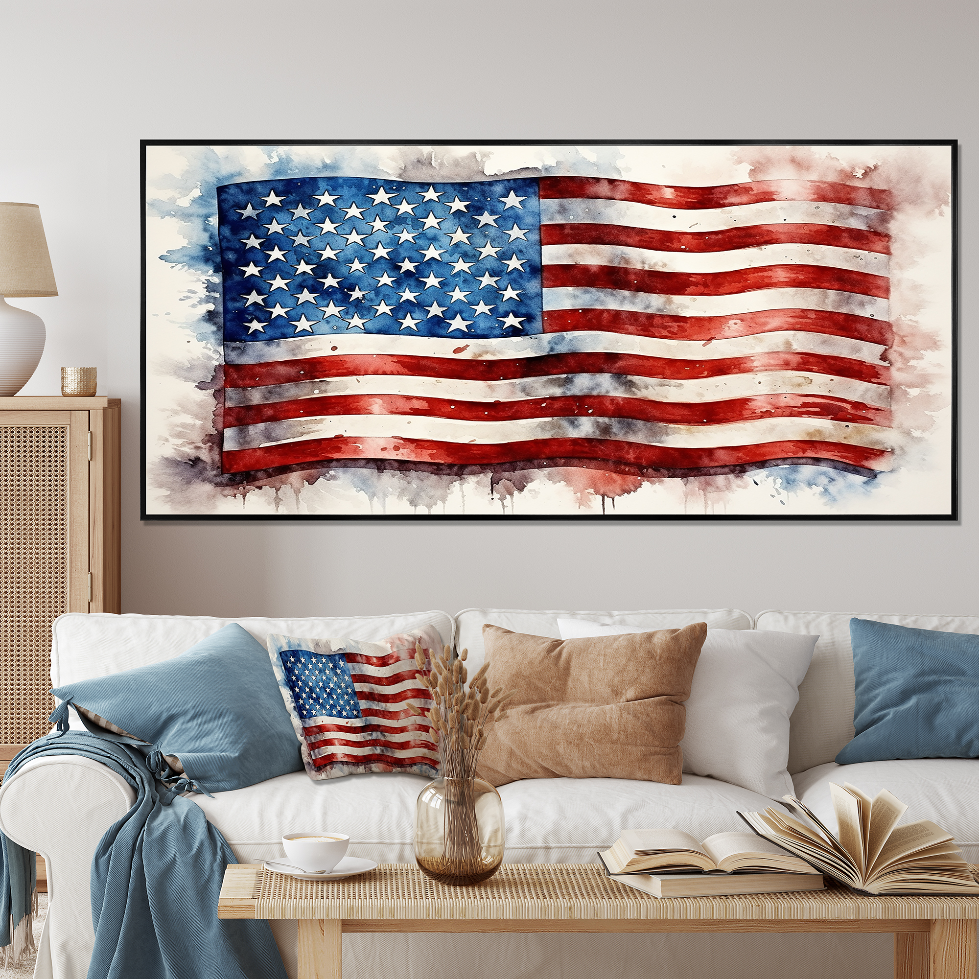Designart American Flag In Watercolor II Oversized Abstract Framed 