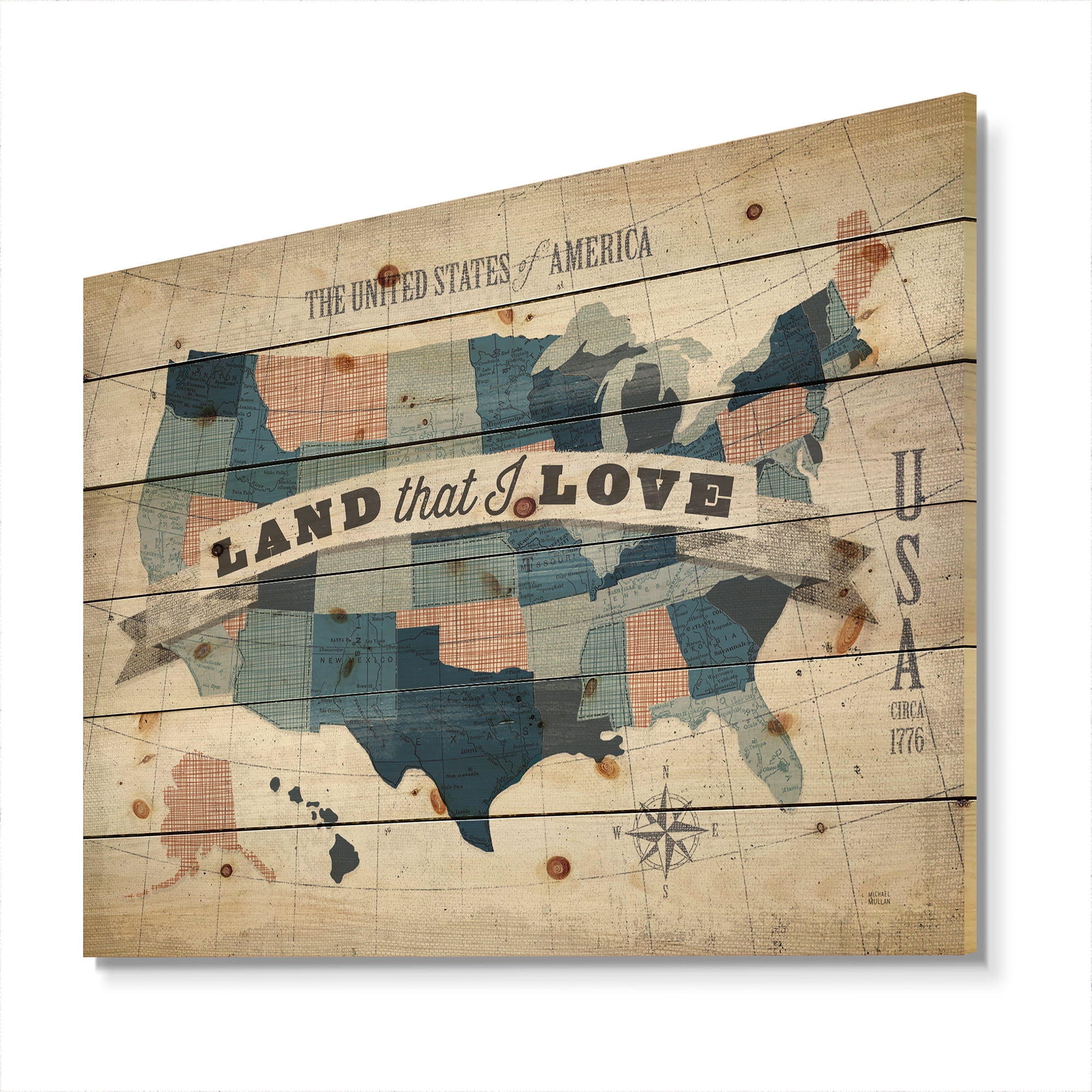 Designart 'American Map Watercolor' Map Print on Natural Pine Wood