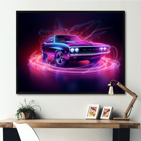 Designart "American Muscle Car In Neon Brilliance I" Cars American Muscle Floater Framed Canvas Wall Art