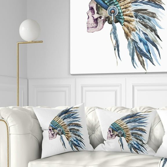 Designart American Native Hat and Skull - Abstract Throw Pillow - 16x16