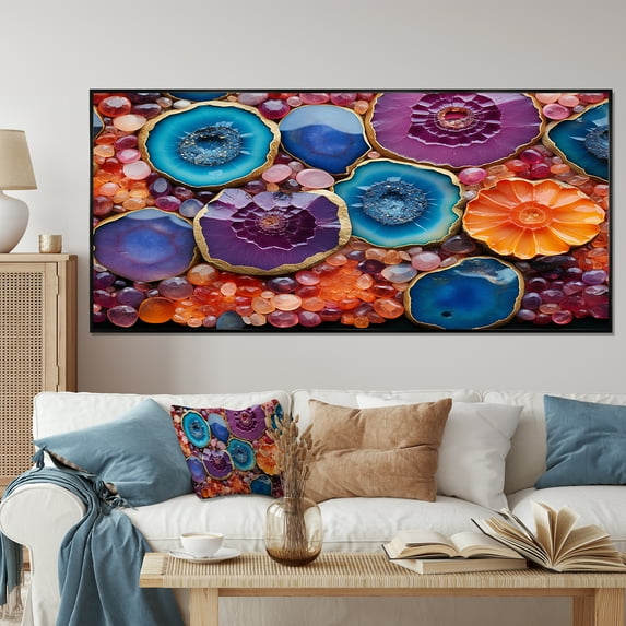 Designart "Amethyst Aura Geode Essence in Blue and Purple" Oversized Landscapes Framed Wall Art - Traditional Blue Stone Geode Living Room Framed Canvas Art