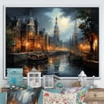 thumbnail image 1 of Designart "Amsterdam Canal at Night Danish Perspective I" Cityscapes Floater Framed Canvas Print, 1 of 7
